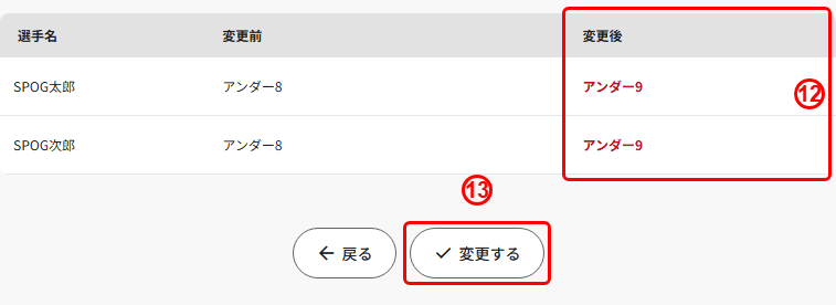 確認画面の変更前と変更後のカテゴリ、変更するボタン