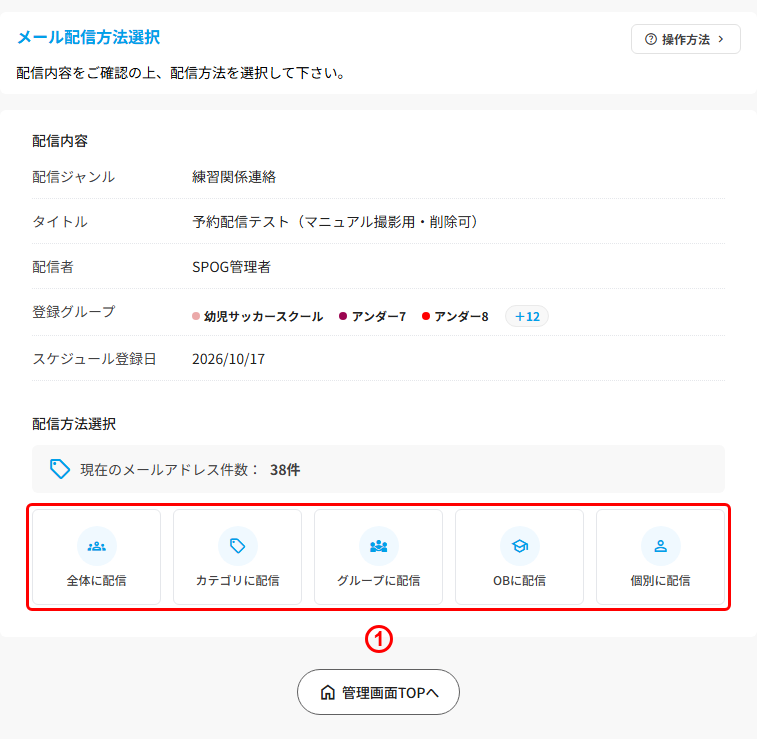メール配信方法選択画面の配信方法